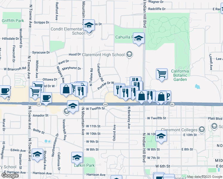 map of restaurants, bars, coffee shops, grocery stores, and more near 621 Colby Circle in Claremont