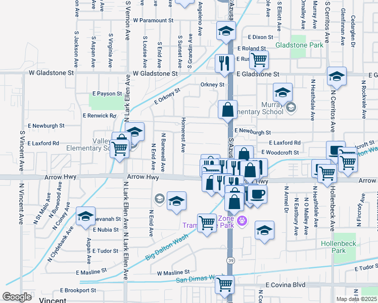 map of restaurants, bars, coffee shops, grocery stores, and more near 17228 East Woodcroft Street in Azusa