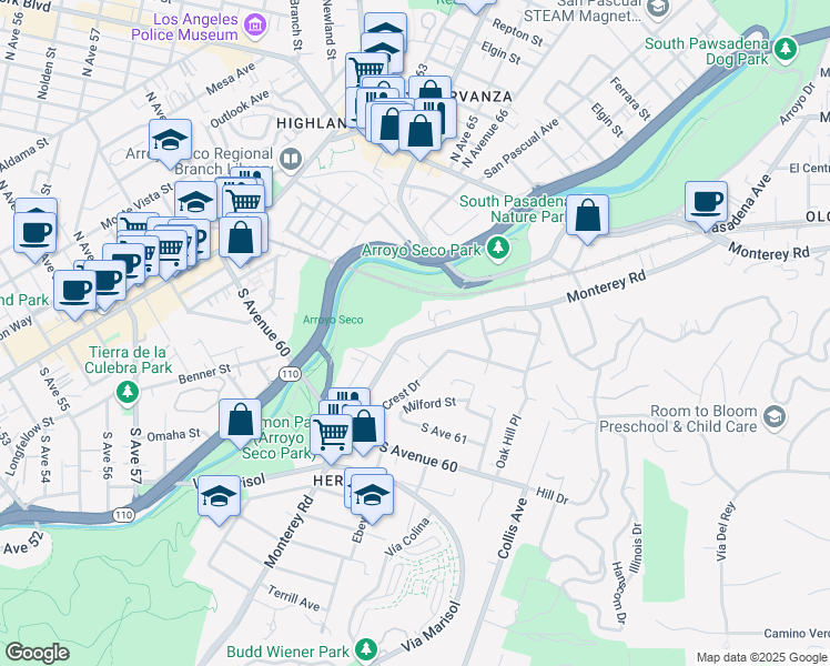 map of restaurants, bars, coffee shops, grocery stores, and more near 6224 Monterey Road in Los Angeles