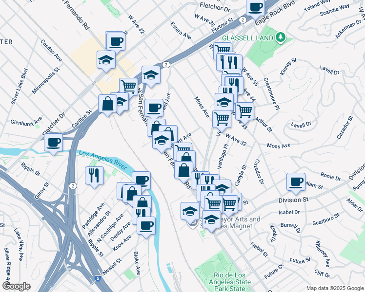 map of restaurants, bars, coffee shops, grocery stores, and more near 2556 West Avenue 30 in Los Angeles