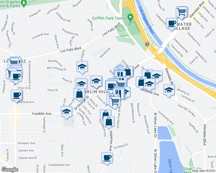 map of restaurants, bars, coffee shops, grocery stores, and more near 2820 Griffith Park Boulevard in Los Angeles