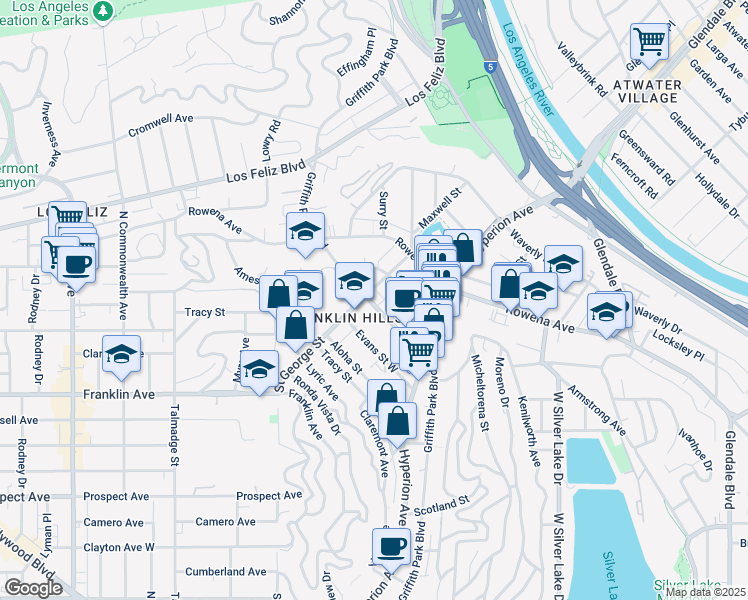 map of restaurants, bars, coffee shops, grocery stores, and more near 2718 Saint George Street in Los Angeles