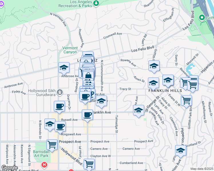 map of restaurants, bars, coffee shops, grocery stores, and more near 2024 North Hoover Street in Los Angeles