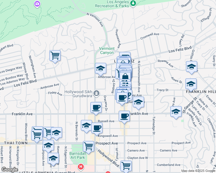 map of restaurants, bars, coffee shops, grocery stores, and more near 2024 1/2 Dracena Drive in Los Angeles