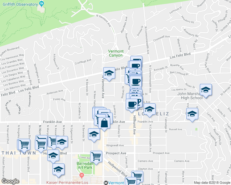 map of restaurants, bars, coffee shops, grocery stores, and more near 2024 1/2 Dracena Drive in Los Angeles