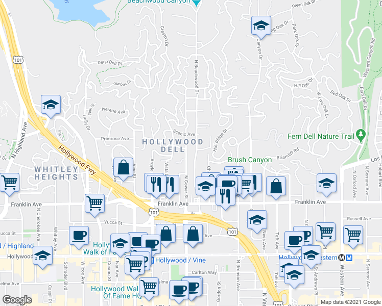 map of restaurants, bars, coffee shops, grocery stores, and more near 2047 North Beachwood Drive in Los Angeles
