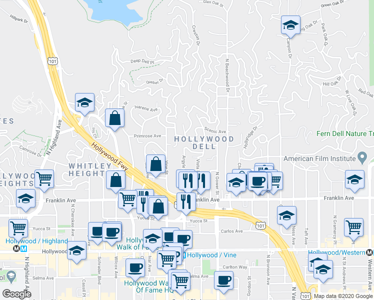 map of restaurants, bars, coffee shops, grocery stores, and more near 6226 Holly Mont Drive in Los Angeles
