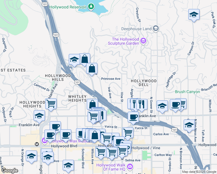 map of restaurants, bars, coffee shops, grocery stores, and more near 2067 Ivar Avenue in Los Angeles