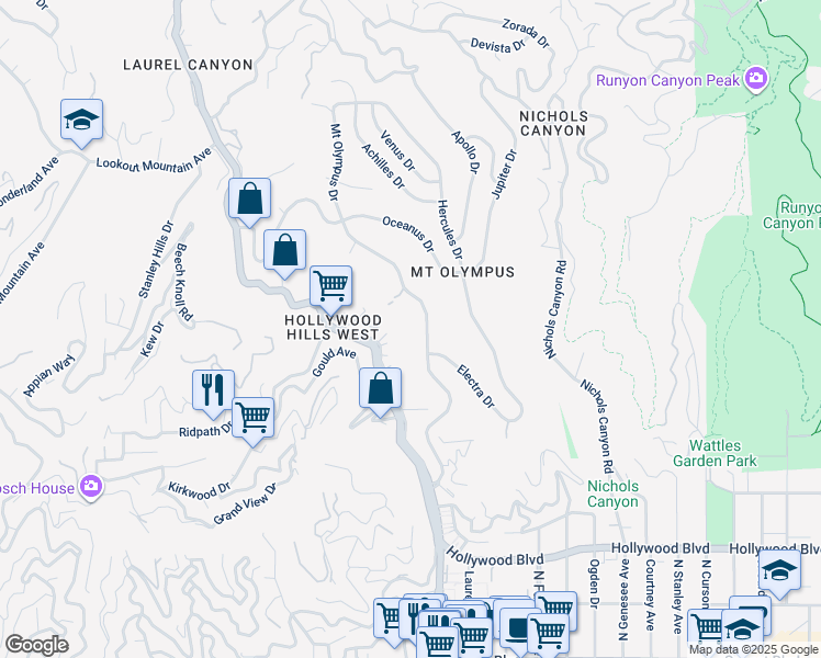 map of restaurants, bars, coffee shops, grocery stores, and more near 2029 Mount Olympus Drive in Los Angeles