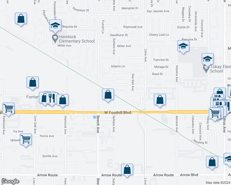 map of restaurants, bars, coffee shops, grocery stores, and more near 15459 Vanilla Bean Lane in Fontana