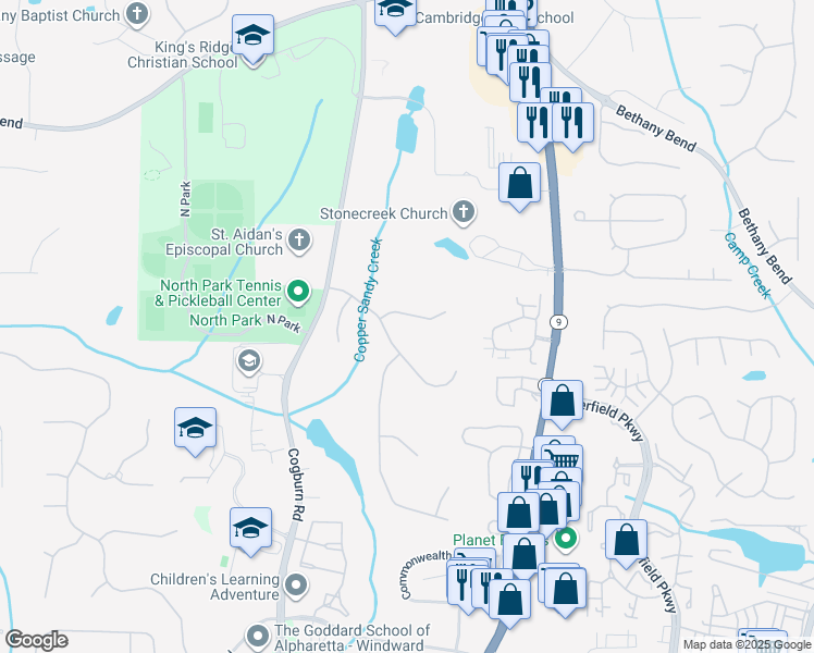 map of restaurants, bars, coffee shops, grocery stores, and more near 225 Bayfield Court in Alpharetta