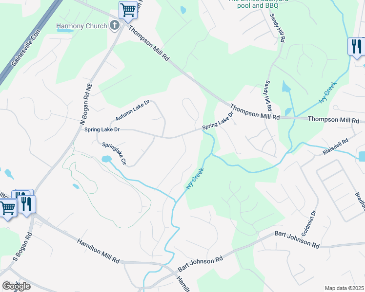 map of restaurants, bars, coffee shops, grocery stores, and more near 4040 Piper Glen Drive Northeast in Buford