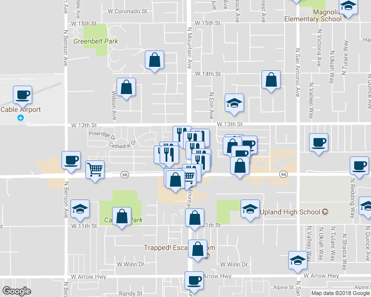 map of restaurants, bars, coffee shops, grocery stores, and more near 1246 Braewood Circle in Upland