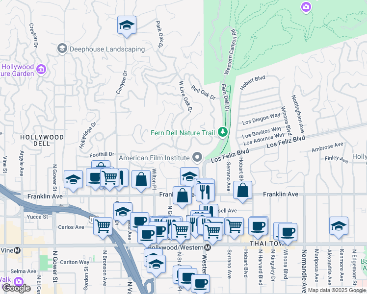 map of restaurants, bars, coffee shops, grocery stores, and more near 2166 West Live Oak Drive in Los Angeles