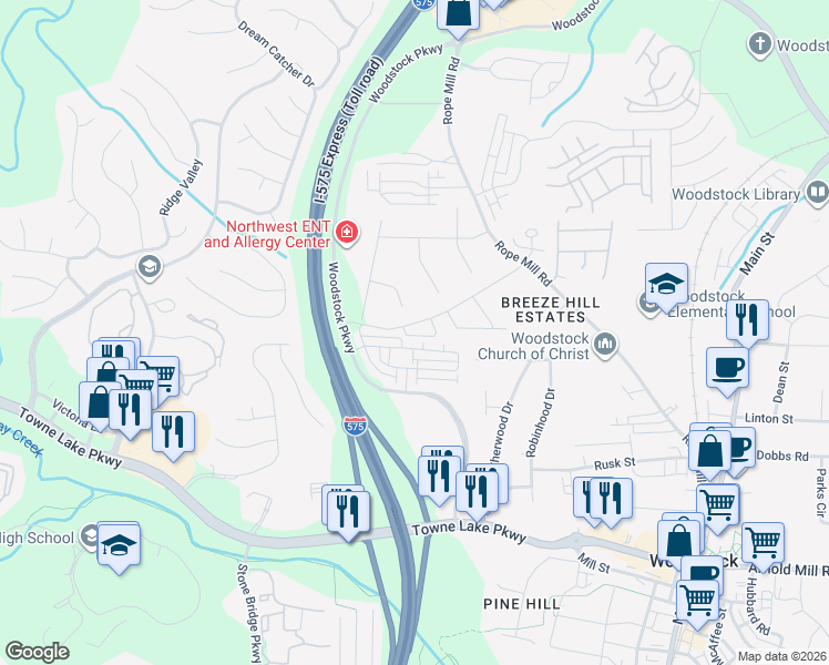 map of restaurants, bars, coffee shops, grocery stores, and more near 711 Robin Court in Woodstock