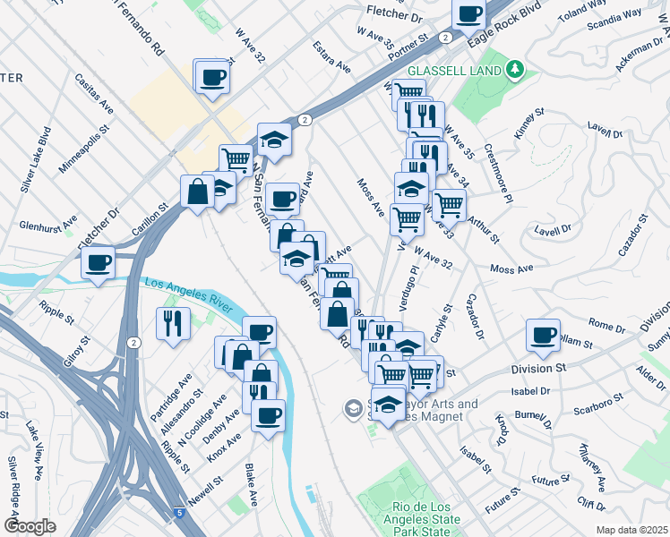 map of restaurants, bars, coffee shops, grocery stores, and more near 2556 West Avenue 30 in Los Angeles
