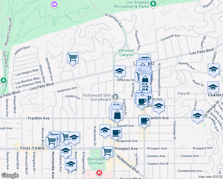map of restaurants, bars, coffee shops, grocery stores, and more near 2041 North Vermont Avenue in Los Angeles