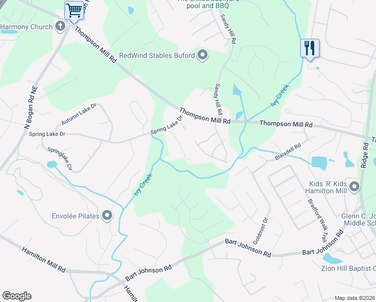map of restaurants, bars, coffee shops, grocery stores, and more near 3975 Hidden Oak Lane in Buford
