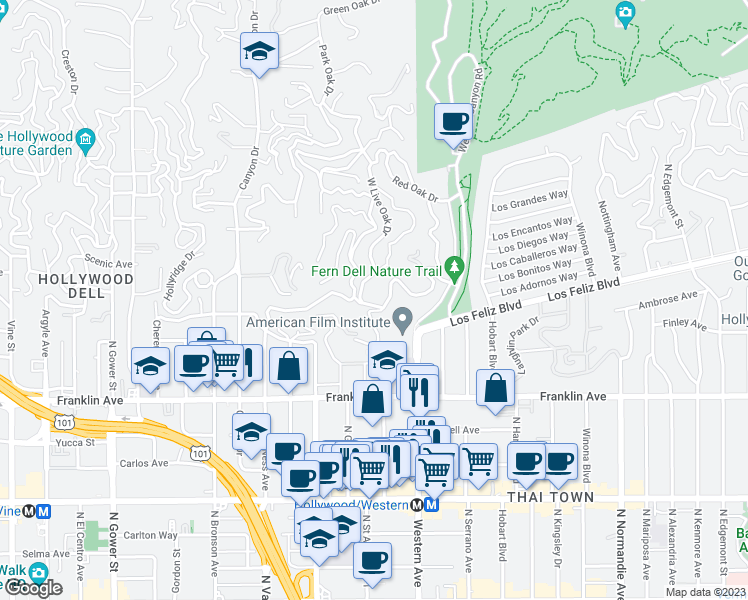 map of restaurants, bars, coffee shops, grocery stores, and more near 2166 West Live Oak Drive in Los Angeles