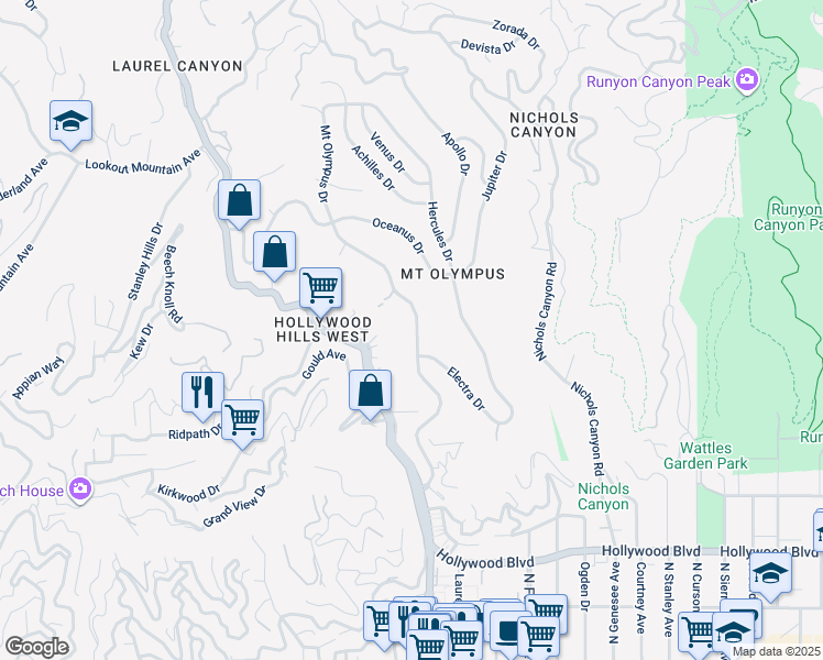 map of restaurants, bars, coffee shops, grocery stores, and more near 2029 Mount Olympus Drive in Los Angeles