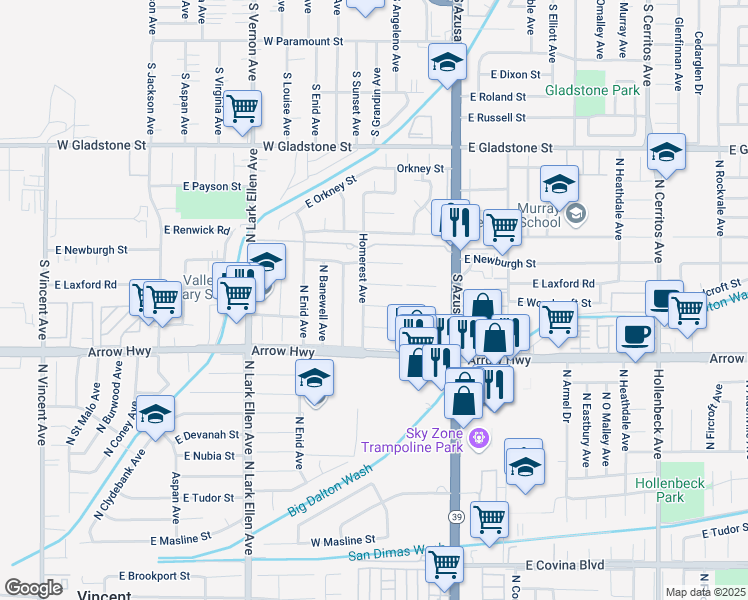 map of restaurants, bars, coffee shops, grocery stores, and more near 17228 East Woodcroft Street in Azusa