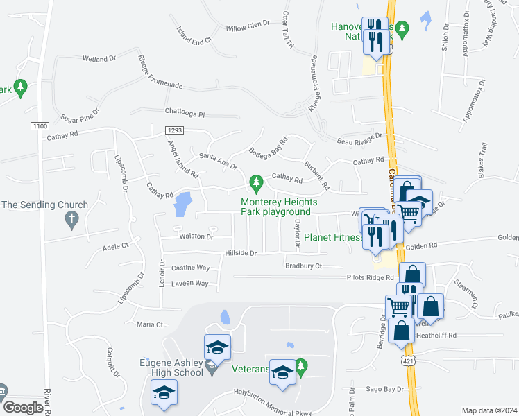 map of restaurants, bars, coffee shops, grocery stores, and more near 729 Windgate Drive in Wilmington