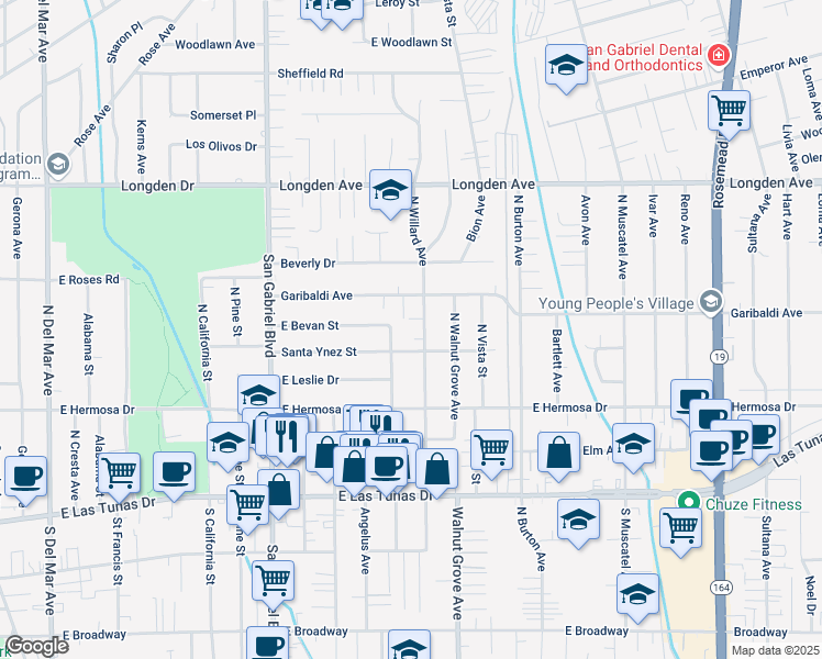 map of restaurants, bars, coffee shops, grocery stores, and more near 6012 North Del Loma Avenue in San Gabriel