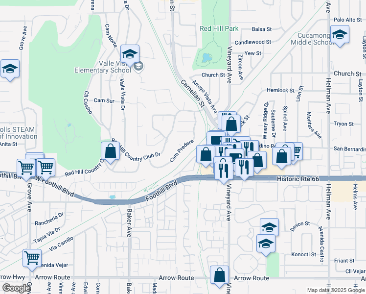 map of restaurants, bars, coffee shops, grocery stores, and more near Camino Predera in Rancho Cucamonga