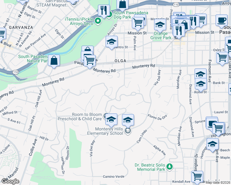 map of restaurants, bars, coffee shops, grocery stores, and more near 1335 Indiana Avenue in South Pasadena