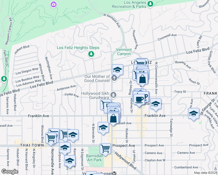 map of restaurants, bars, coffee shops, grocery stores, and more near 2025 North New Hampshire Avenue in Los Angeles