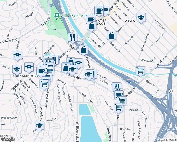map of restaurants, bars, coffee shops, grocery stores, and more near 2829 Waverly Drive in Los Angeles