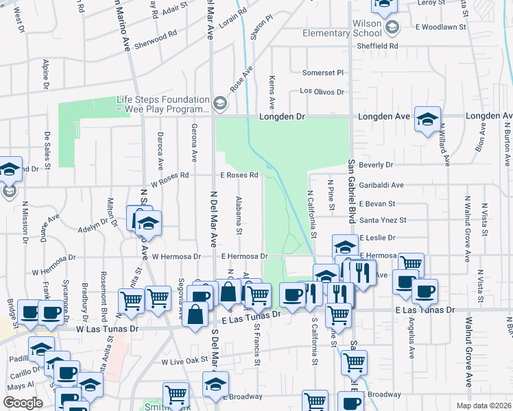 map of restaurants, bars, coffee shops, grocery stores, and more near 427 Country Club Drive in San Gabriel