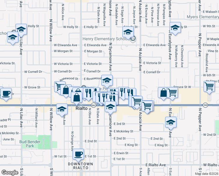 map of restaurants, bars, coffee shops, grocery stores, and more near 451 North Sycamore Avenue in Rialto