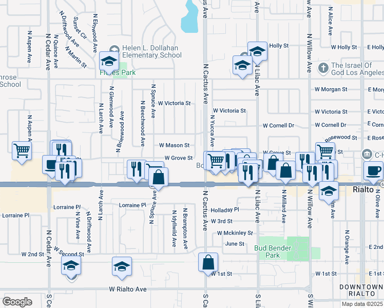 map of restaurants, bars, coffee shops, grocery stores, and more near 501 North Fillmore Avenue in Rialto