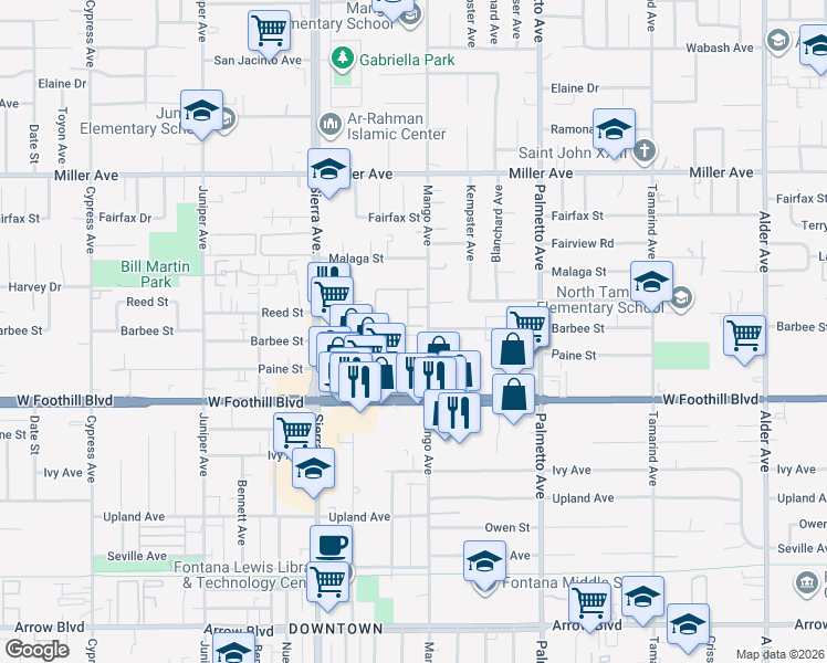 map of restaurants, bars, coffee shops, grocery stores, and more near 7986 Mango Avenue in Fontana