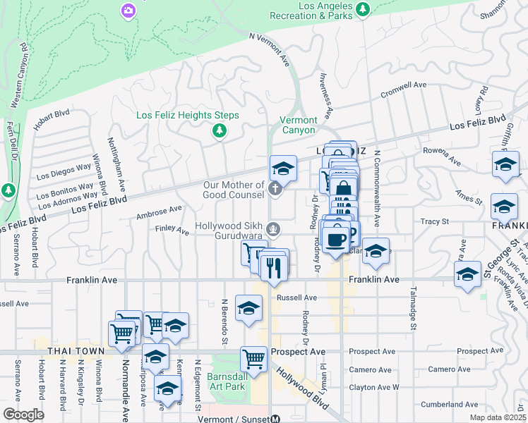 map of restaurants, bars, coffee shops, grocery stores, and more near 2041 North Vermont Avenue in Los Angeles