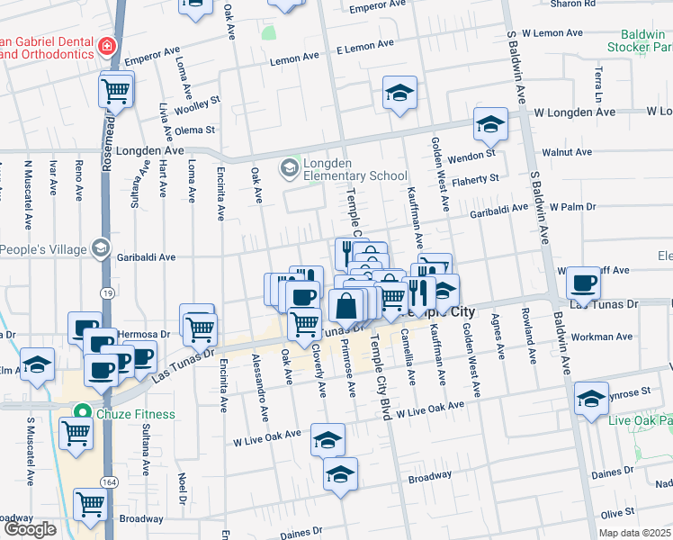 map of restaurants, bars, coffee shops, grocery stores, and more near 6016 Primrose Avenue in Temple City