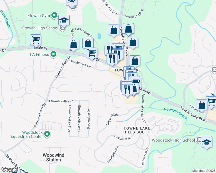 map of restaurants, bars, coffee shops, grocery stores, and more near 606 Eagle Glen Trce in Woodstock