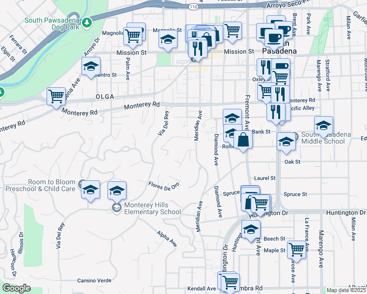 map of restaurants, bars, coffee shops, grocery stores, and more near 845 Rollin Street in South Pasadena