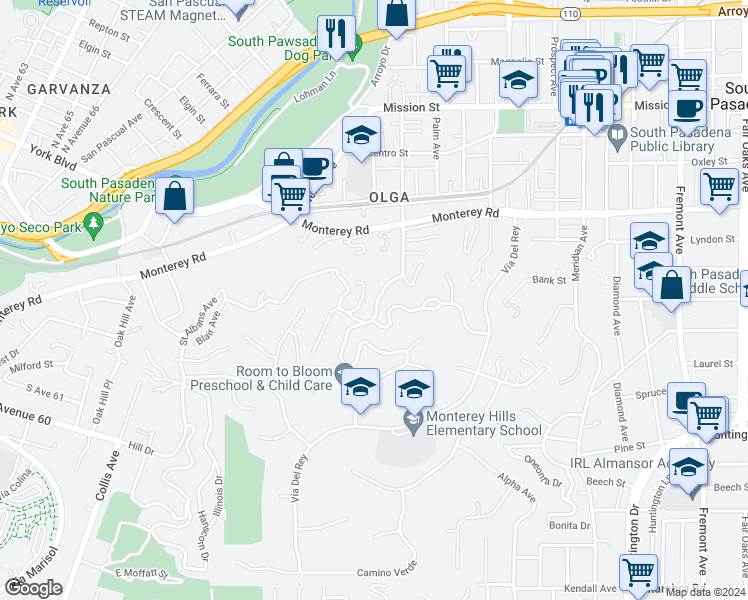 map of restaurants, bars, coffee shops, grocery stores, and more near 1335 Indiana Avenue in South Pasadena