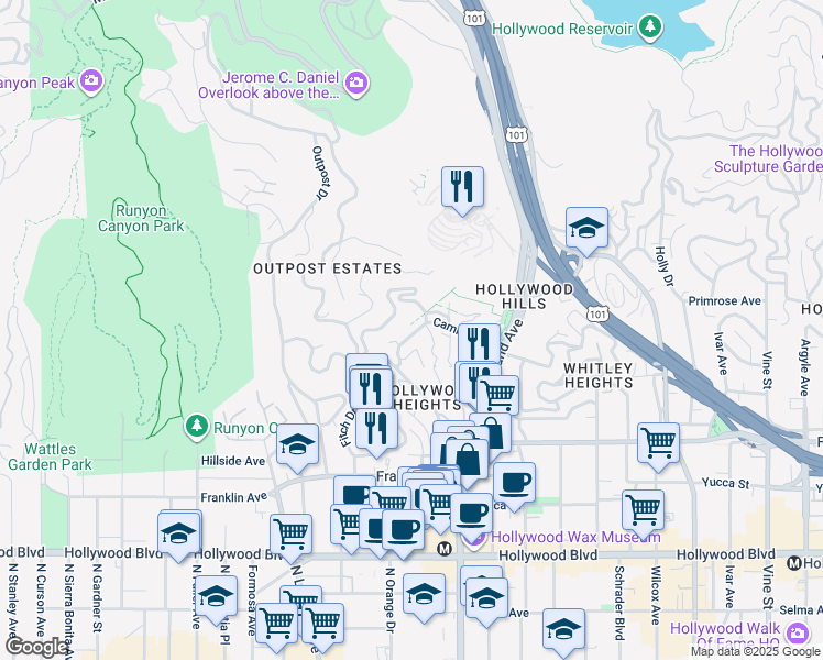 map of restaurants, bars, coffee shops, grocery stores, and more near 6919 Camrose Drive in Los Angeles