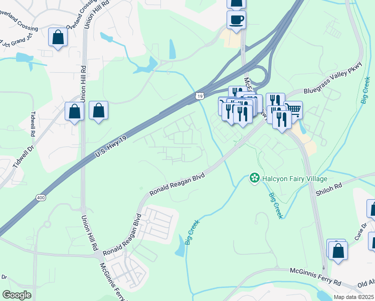 map of restaurants, bars, coffee shops, grocery stores, and more near 1008 Estuary Trail in Alpharetta