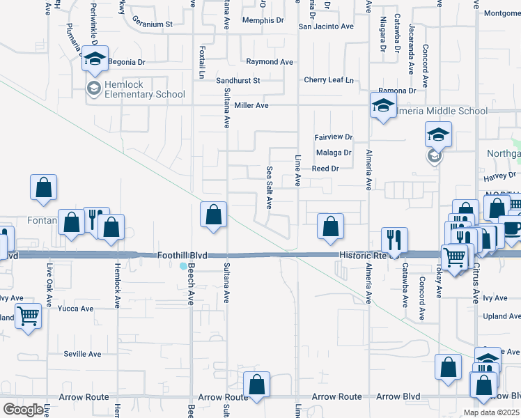 map of restaurants, bars, coffee shops, grocery stores, and more near 7981 Licorice Way in Fontana