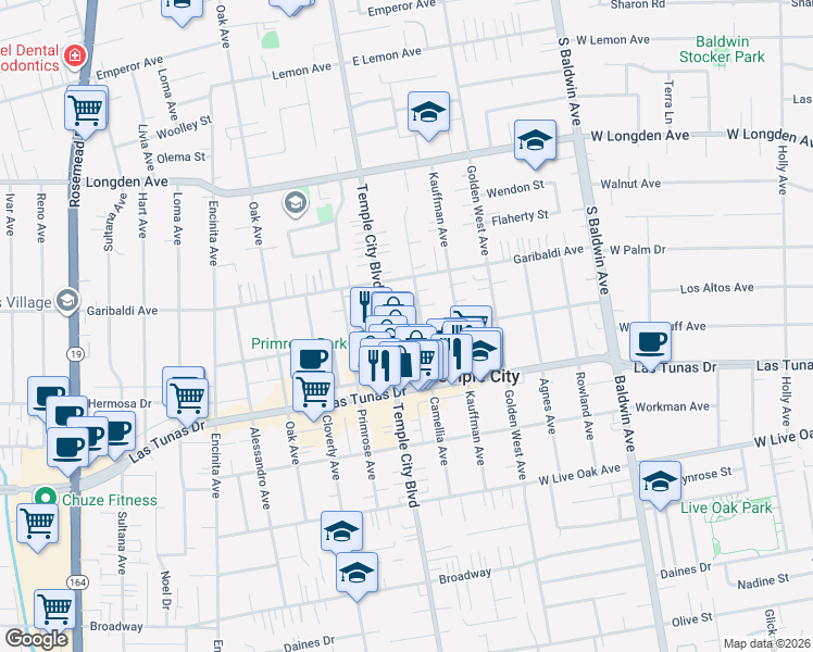 map of restaurants, bars, coffee shops, grocery stores, and more near 9622 Woodruff Avenue in Temple City