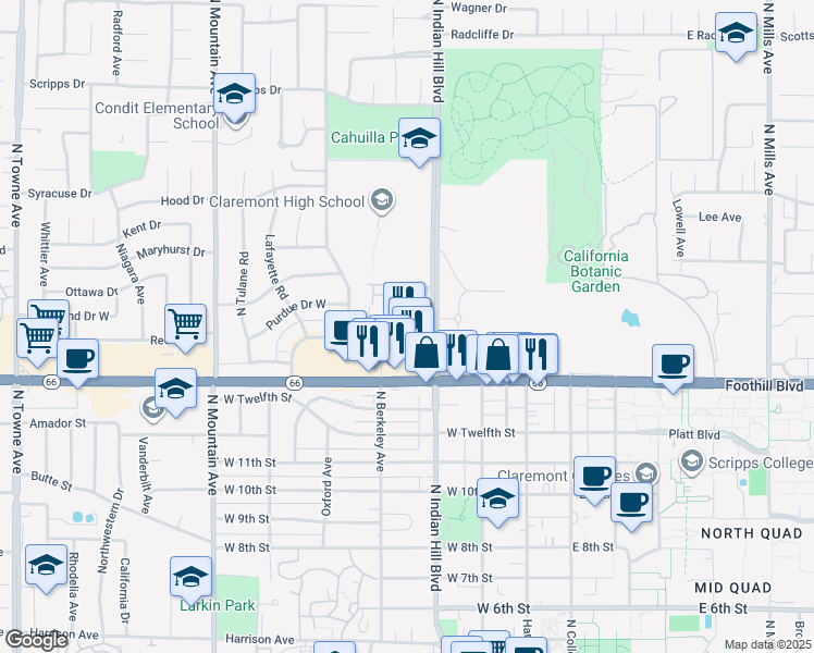 map of restaurants, bars, coffee shops, grocery stores, and more near 455 West Foothill Boulevard in Claremont