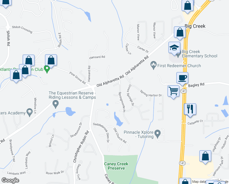 map of restaurants, bars, coffee shops, grocery stores, and more near 2440 Green Cove Court in Cumming
