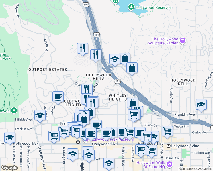 map of restaurants, bars, coffee shops, grocery stores, and more near 6727 Milner Road in Los Angeles