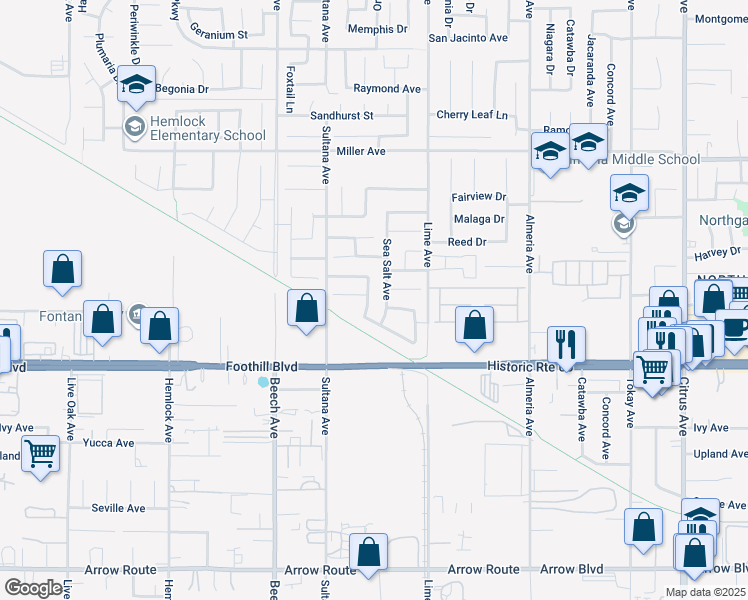 map of restaurants, bars, coffee shops, grocery stores, and more near 7981 Licorice Way in Fontana