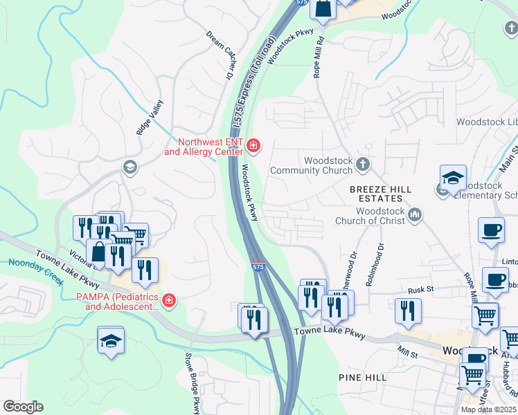map of restaurants, bars, coffee shops, grocery stores, and more near 811 Atkins Lane in Woodstock
