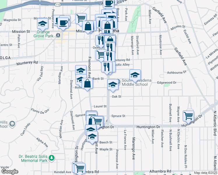 map of restaurants, bars, coffee shops, grocery stores, and more near Fair Oaks Ave & Rollin St in South Pasadena